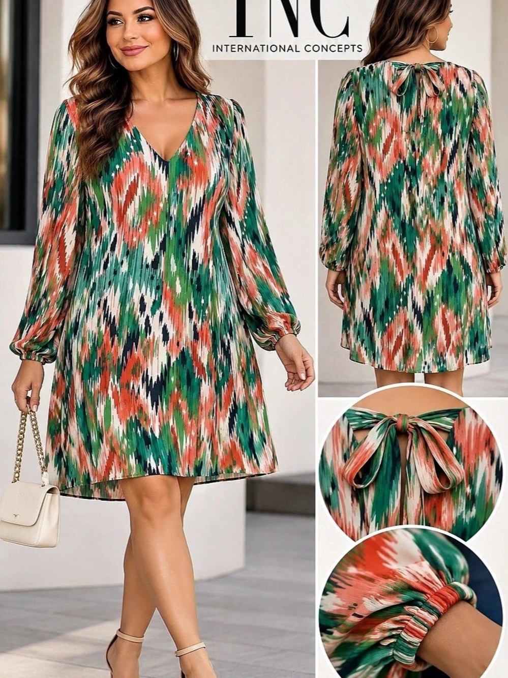 INC International Concepts Abstract Print Mini Dress in Green & Red Large